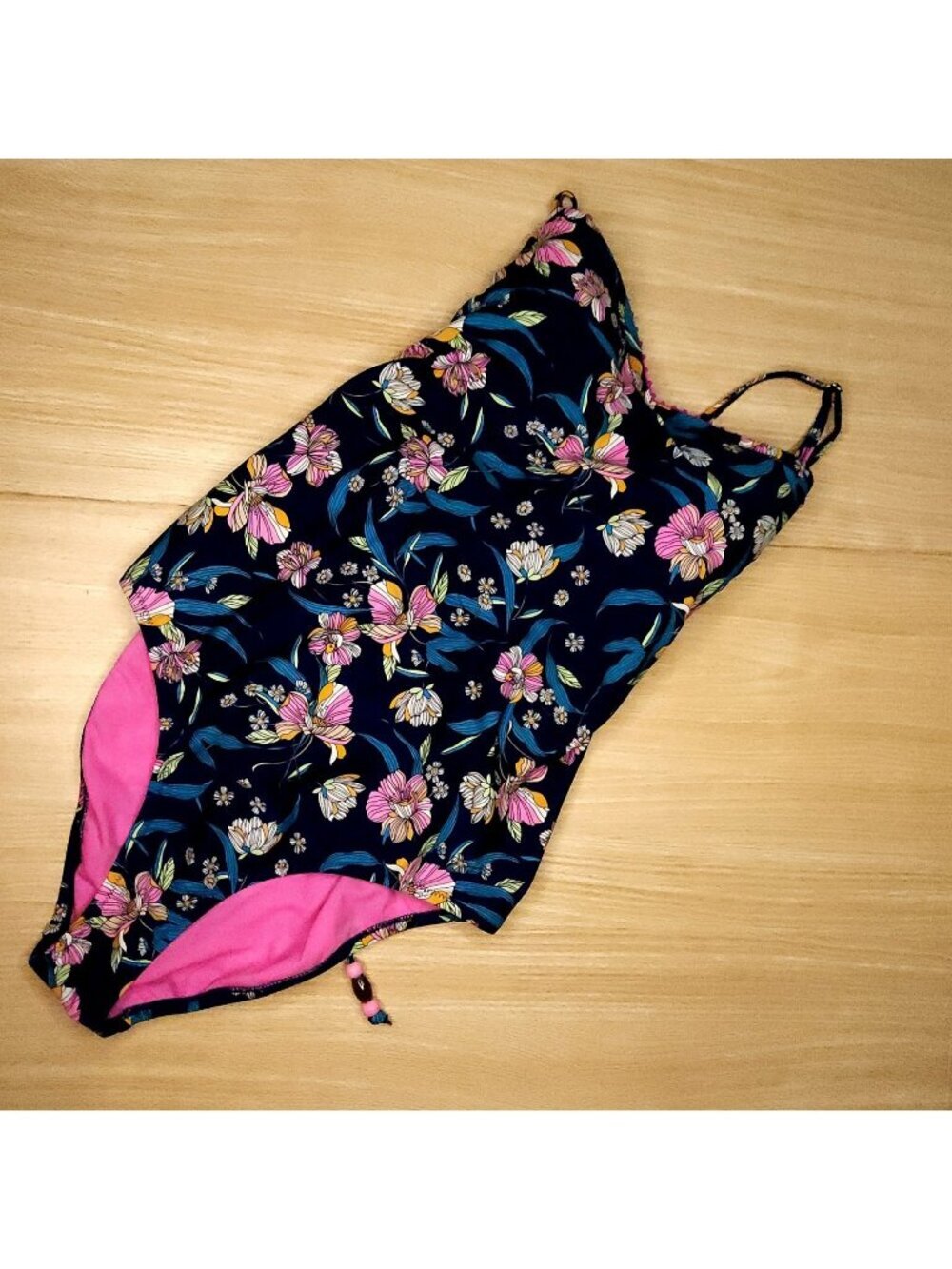 Jessica Simpson Womens Blue Floral Lace Up Back One Piece Swim Suit Medium